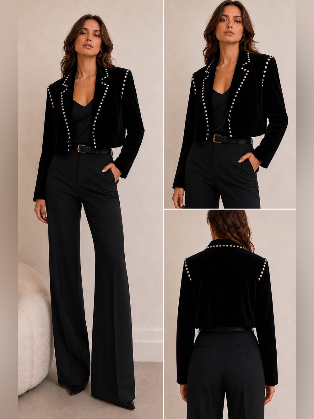 Vintage Black Stone Stud-Trim Velvet Cropped Blazer